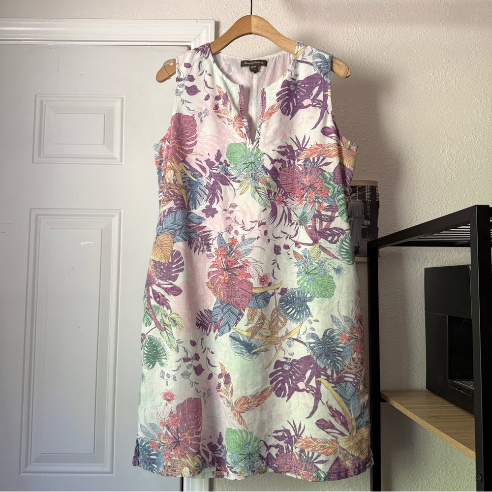 TOMMY BAHAMA white multicolor linen blend popover floral‎ Hawaiian tropical mini
